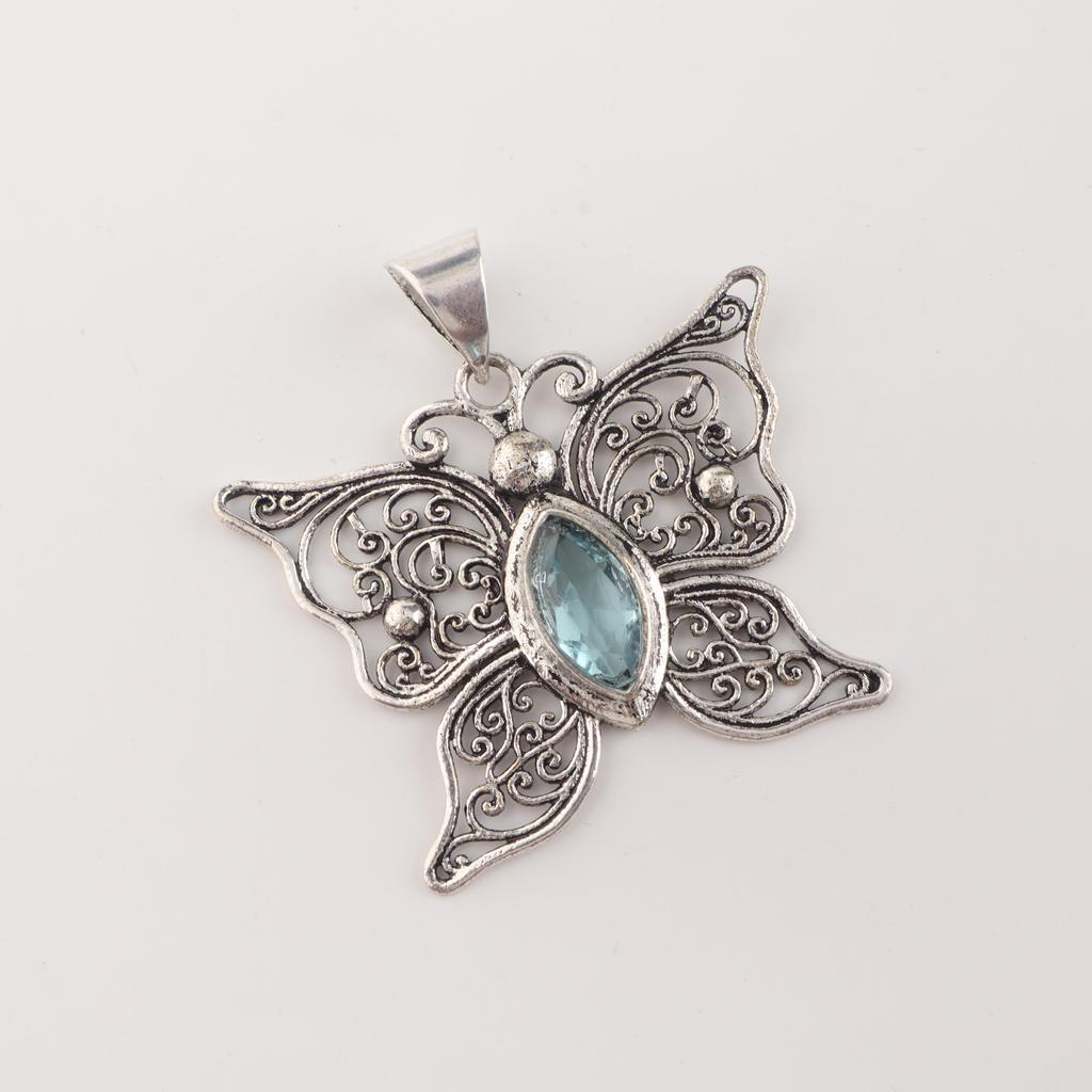 Natural Sky Blue Topaz Gemstone 925Sterling Silver Designer Pendant 1.5" For Mother's Day Gift CP-41-8