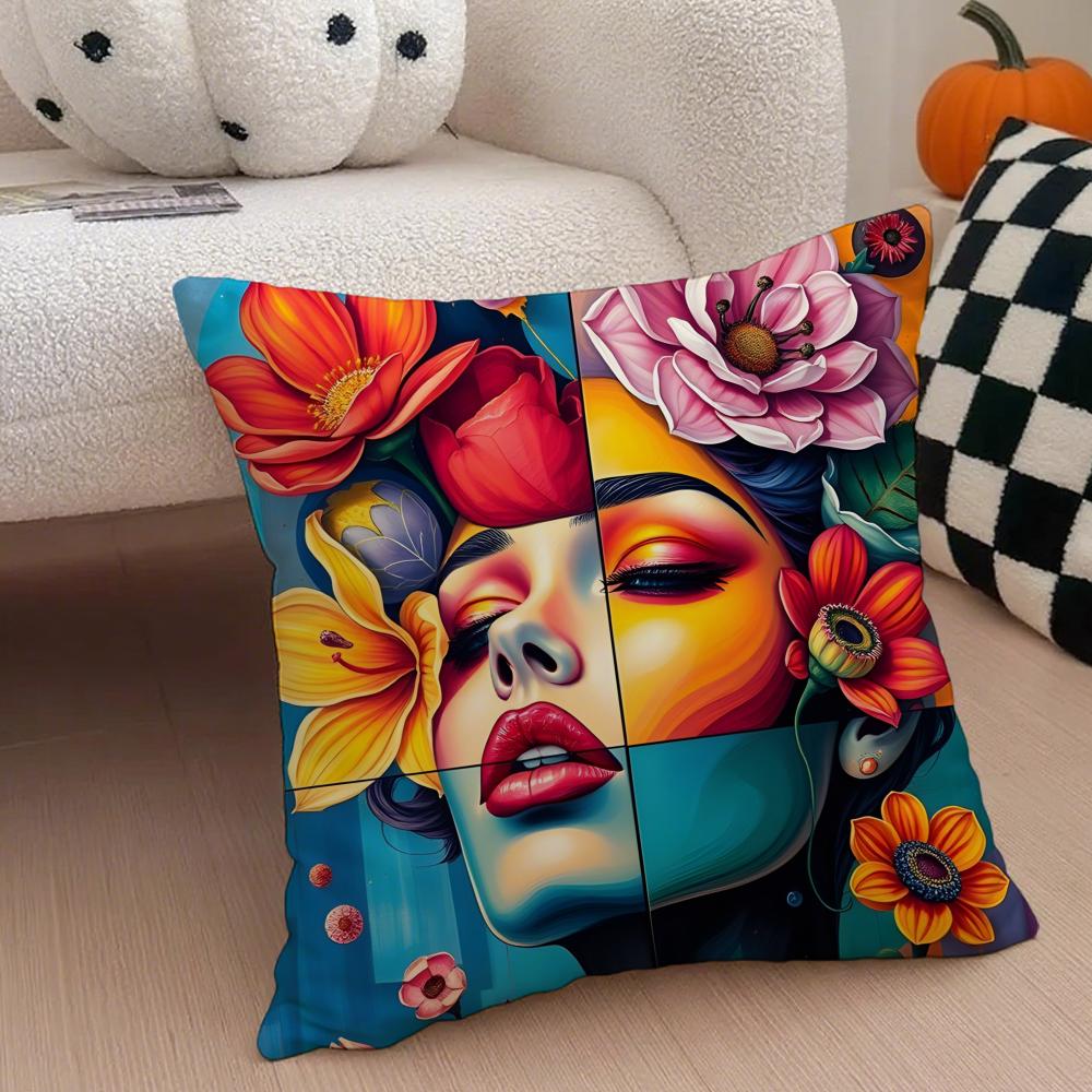 Square Bright Color Flower Girl Art Cushion Cover Throw Pillow Cover Hidden Button Durable Polyester Chair Cushion