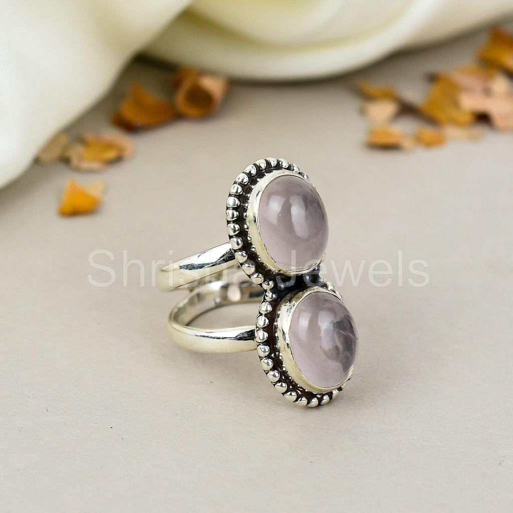 925 Sterling Silver Pink Rose Quartz Gemstone Oval Shape Ring For Women