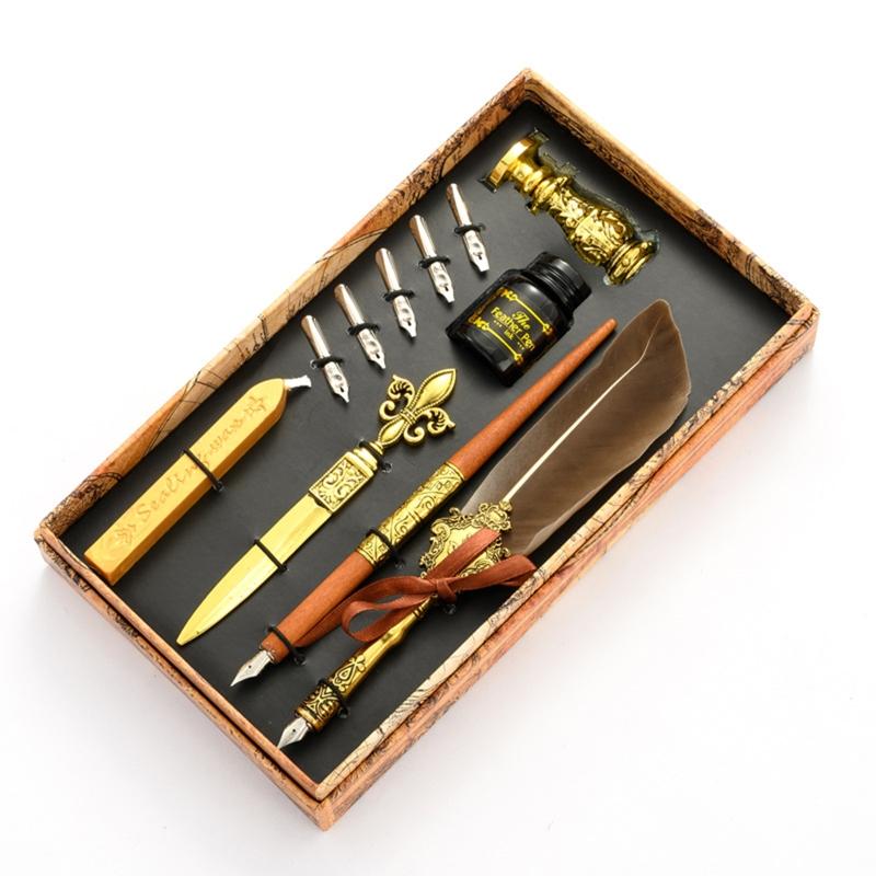 European Style Alloy Vintage Feather Pen Set Fountain Dip Feather Pen Set