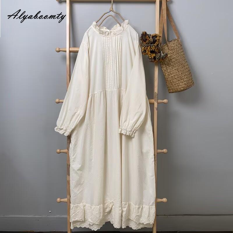 Japanese Mori Girl Spring Autumn Women Baggy Dress Ruffled Collar Cotton Oversized Dress Long Sleeve Brief Basic Ladies' Embroidery Dress