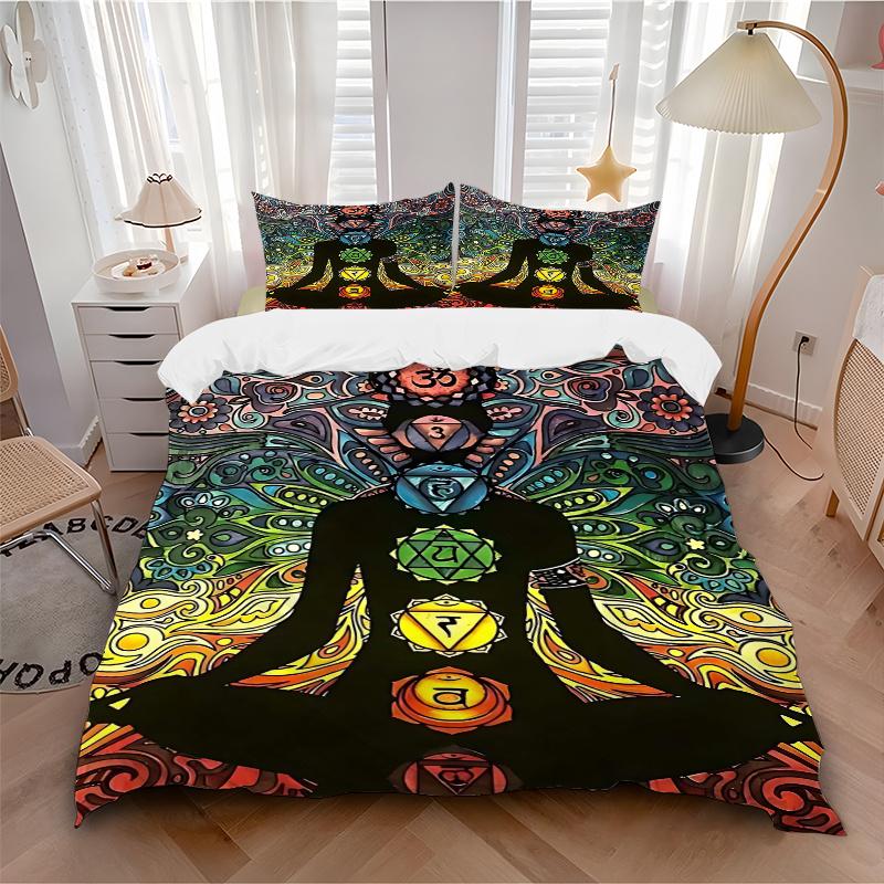 3pcs Chakra Meditation Silhouette Comforter Set with One Quilt Cover and Two Pillowcases (No Core), Perfect for Bedroom or Guest Room Decoration, Feat