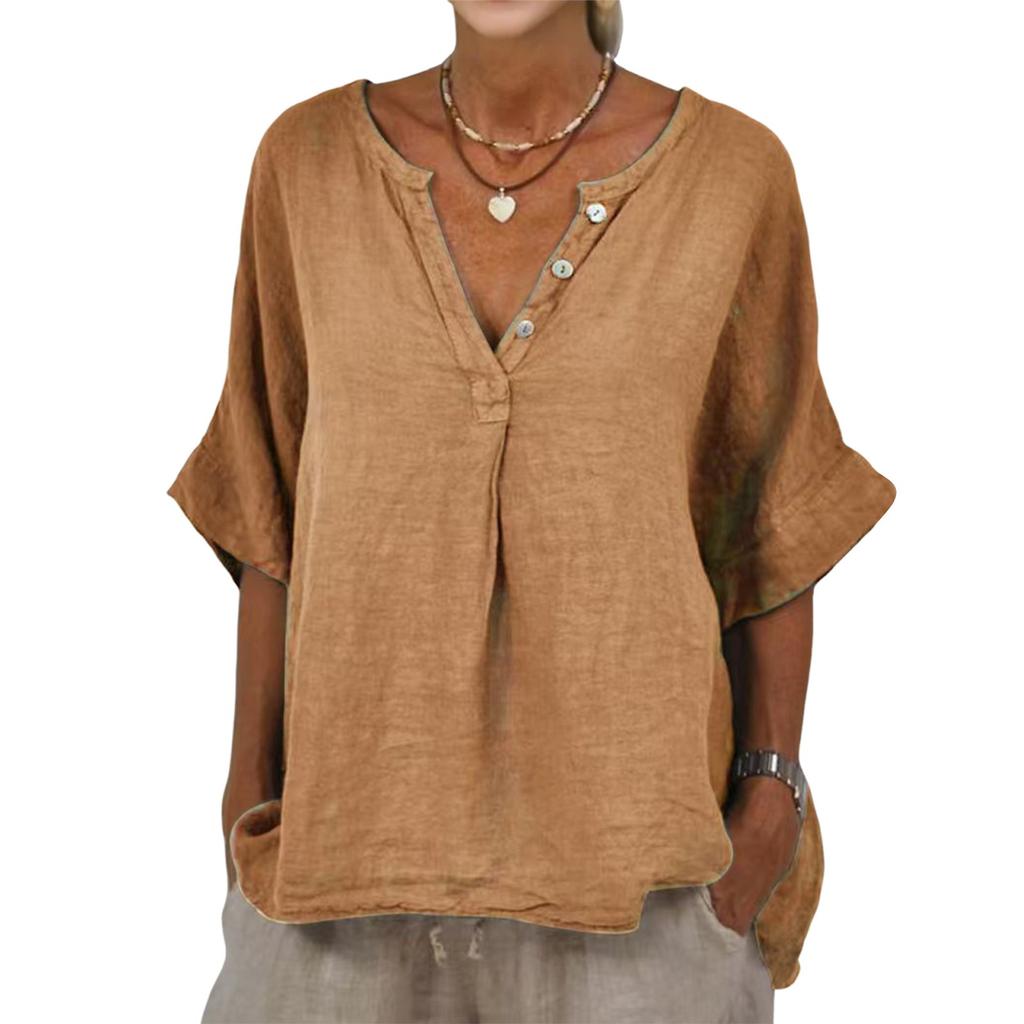 Tricou de damă cu mânecă medie din bumbac și in, culoare solidă, cu guler în V, cu nasturi