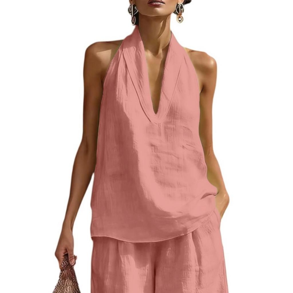 Dameslosse Pasvorm V-hals Halterhals Mouwloos Effen Kleur Katoen Linnen Tanktop Zomer Casual Blouse