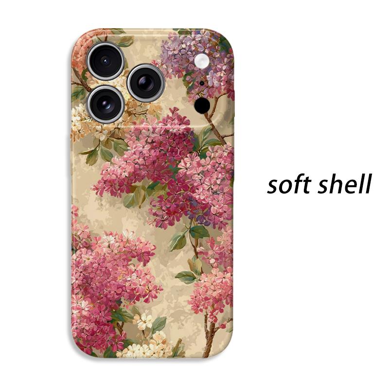 Romantic Classic Pink Lilac Floral Pattern Art Film Aesthetic Protective Shockproof Bumper Phone Case Cover For iPhone 14 15 16 Pro Max Plus