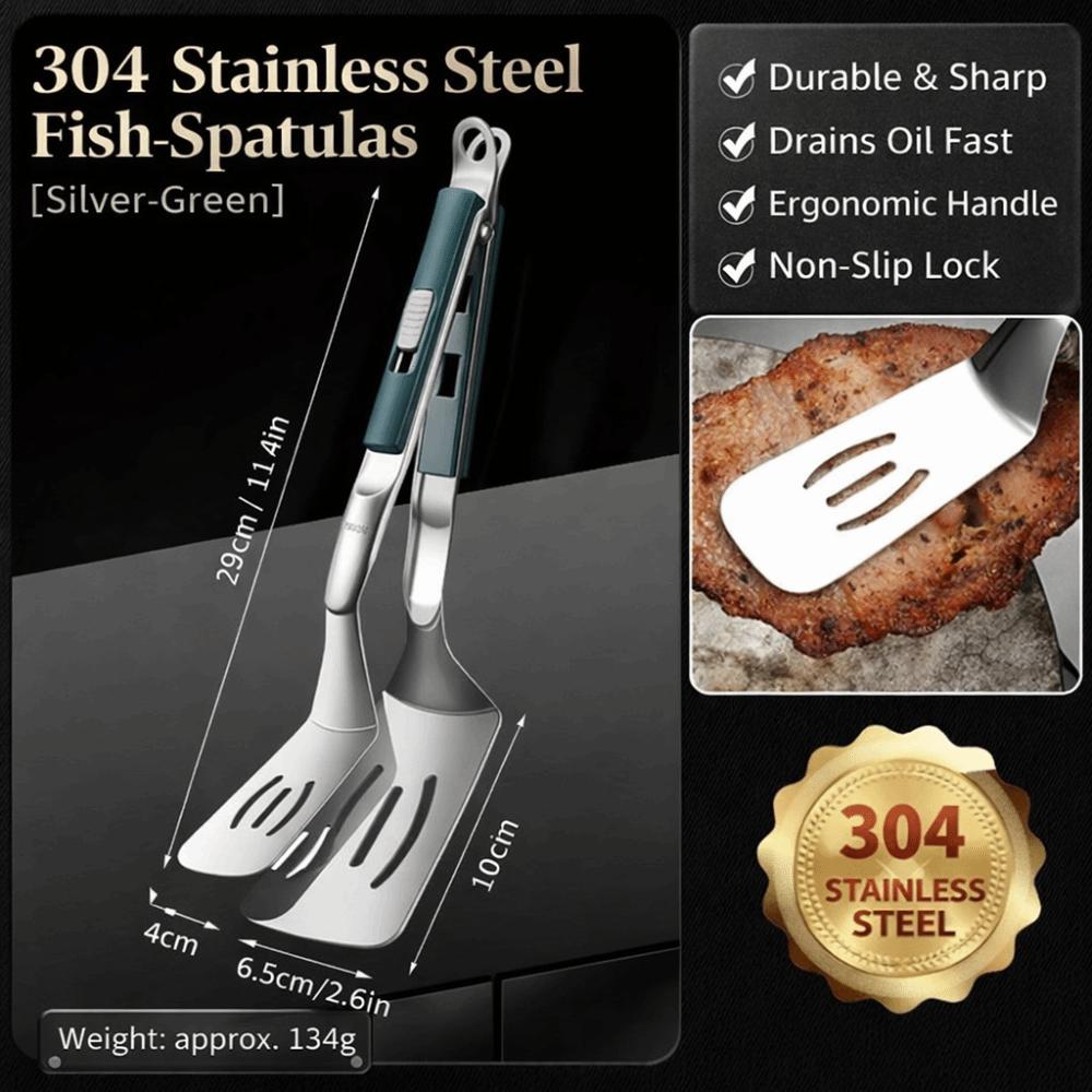 304 Stainless Steel Spatula Tong Multi-Functional 2 in 1 Fish Steak Spatula Heat-Resistant Extended Handle Flip Spatula зелёный