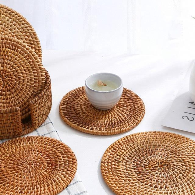 6Pcs/ Drink Coasters Set for Kungfu Tea Accessories Round Tableware Placemat Dish Mat Rattan Weave Cup Mat Pad