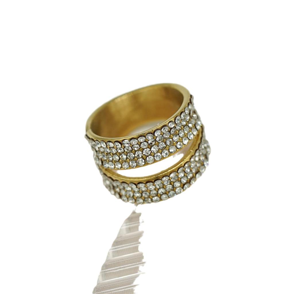 European-American Luxury Hip Hop Double Layer Titanium Ring with 18K Gold Plating and Diamond Inlay