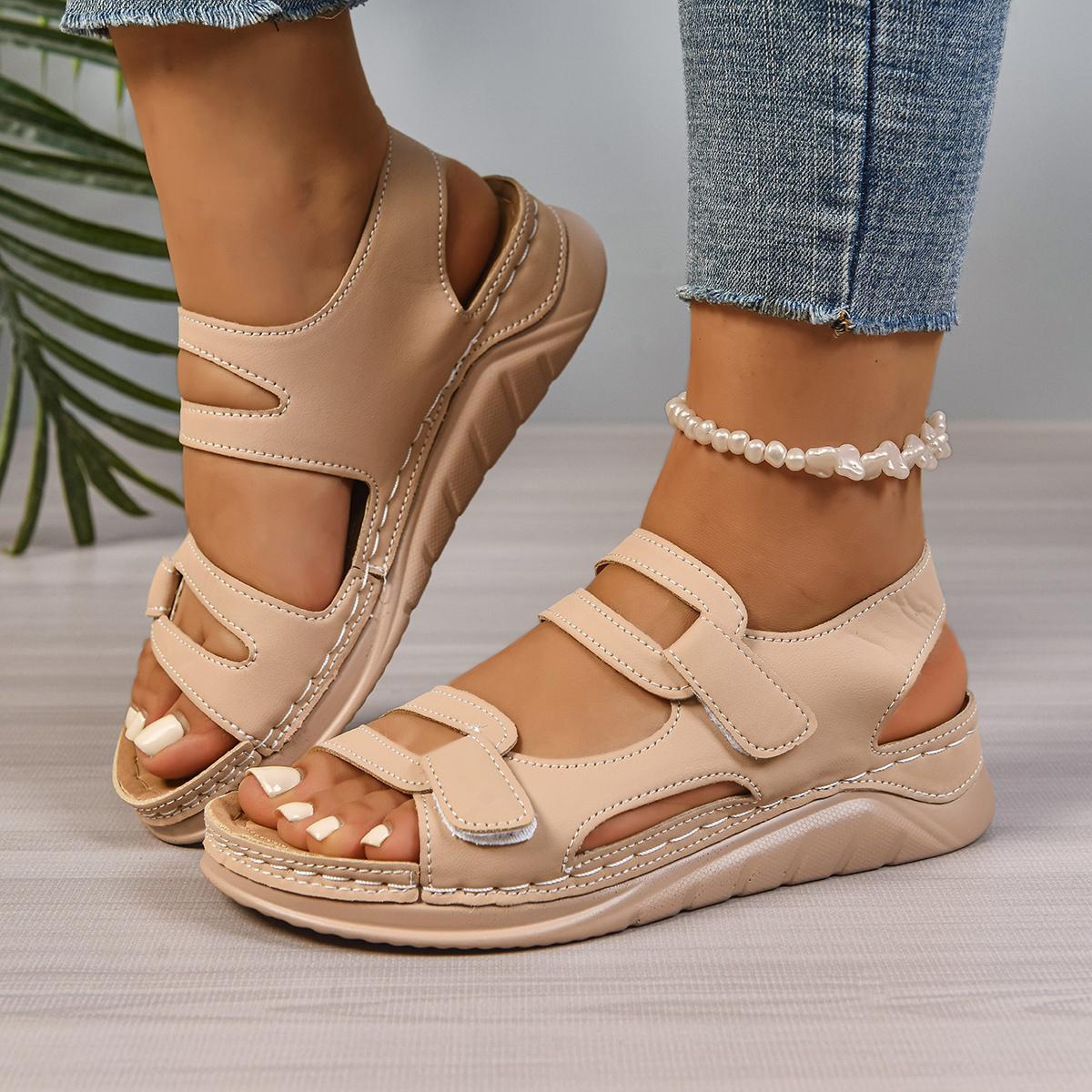 

Модные повседневные сандалии на липучке с вырезами телесного цвета для женщин 2025 лето, сандалии на танкетке с круглым носком, удобная мягкая подошва, нескользящие, обувь для мамы 40