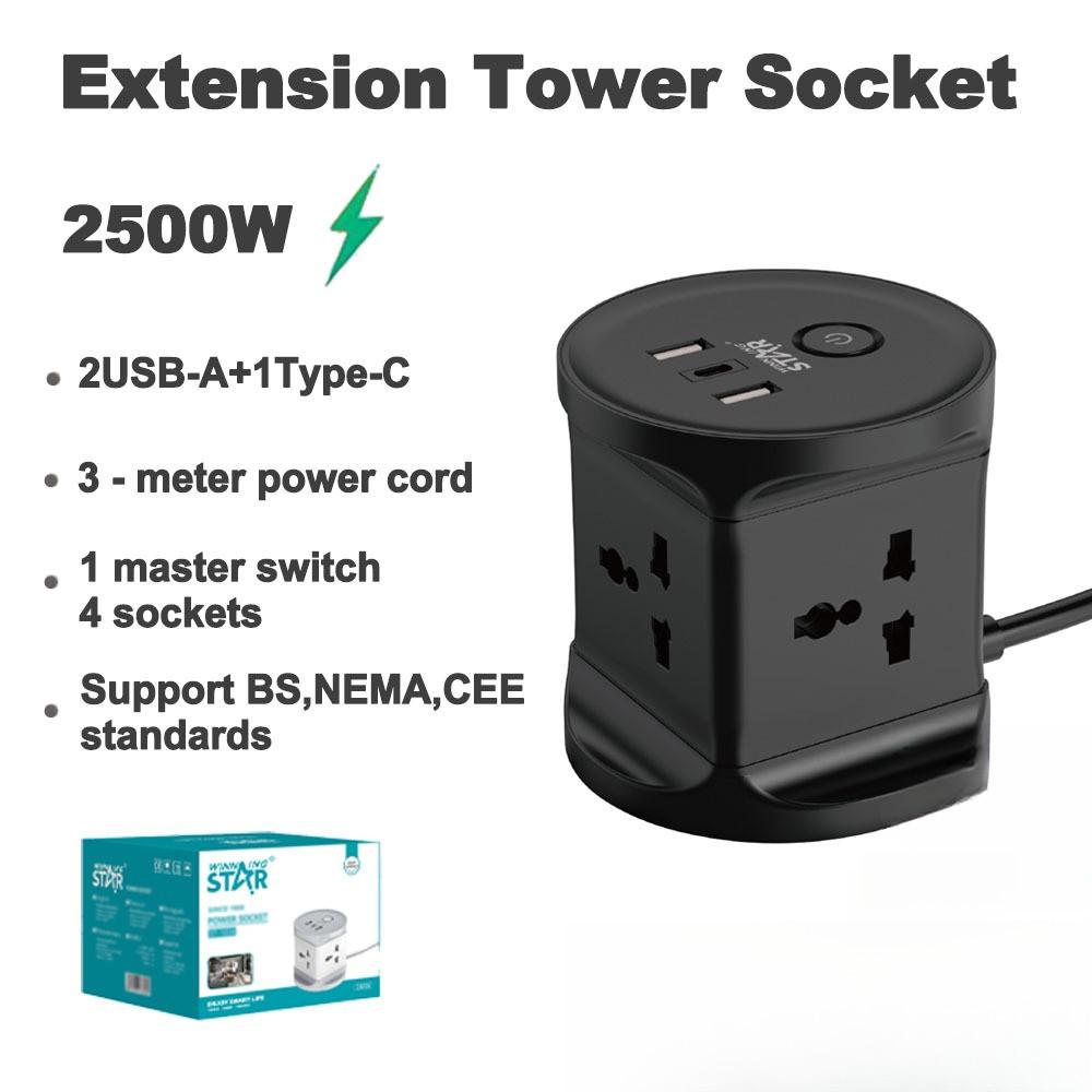 Multi-Function Conversion Plug Extension Tower Socket with USB+Type C Surge Protector Multi Plug Extension Cord Power Strip