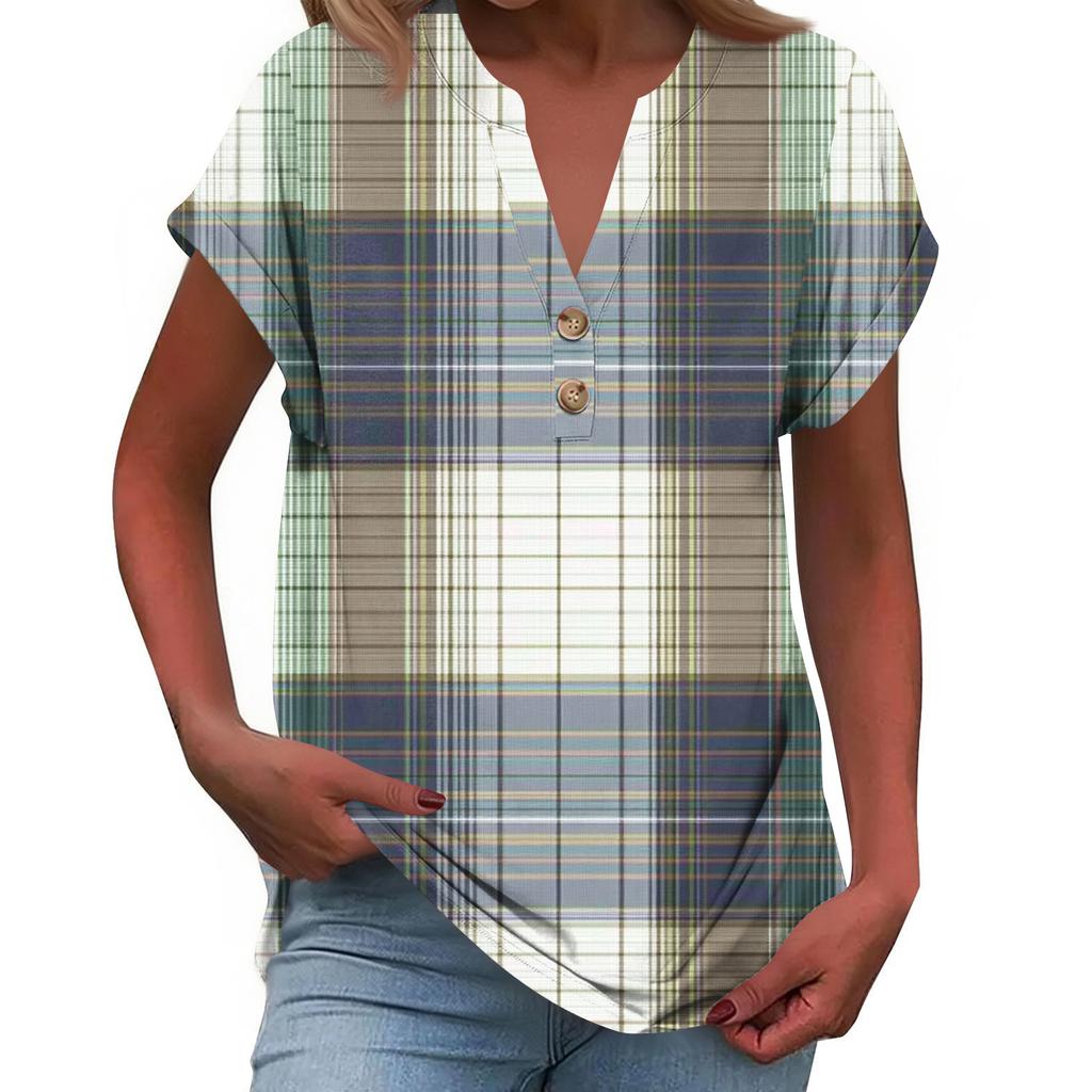 Modisches Lässiges Locker Geschnittenes Kurzärmeliges Knöpfbares V-Ausschnitt Bedrucktes T-Shirt Top für Damen