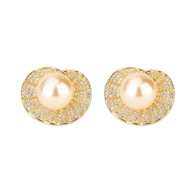 Jewelry Inlaid With Gold Beads, Light Gold Stud Earrings, Shell-Shaped Women'S Jewelry Beads 12Mm