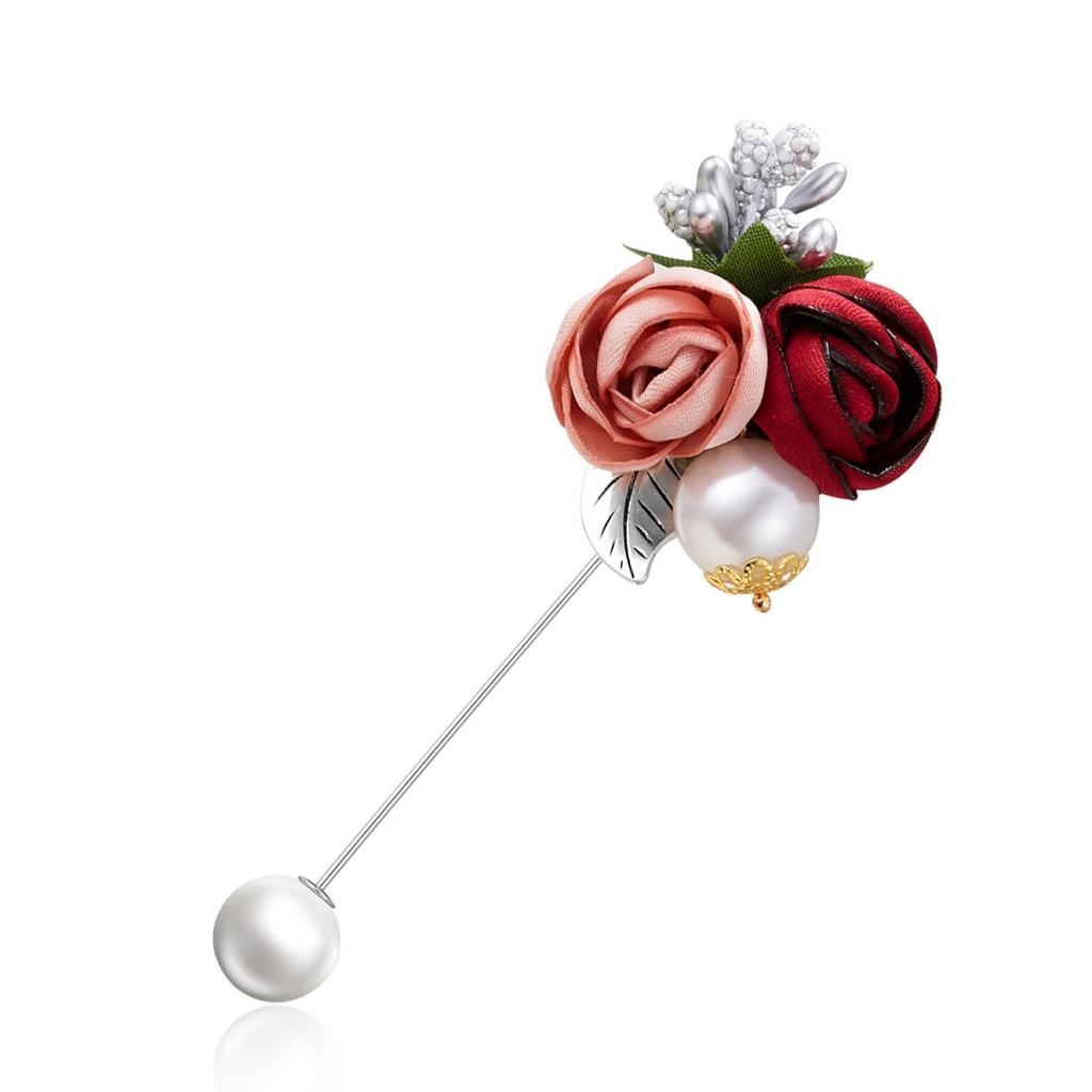 Romantic Cloth Art Fabric Rose Flower Long Needle Brooches For Women Men Double Floral Imitation Pearl Pins Suit Jewelry