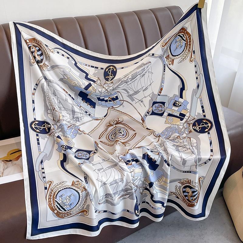 Lightweight 90x90cm Square Scarf Women Navy Style Sun Protection Silk-Like Feel Wear Chic Versatile Accessory