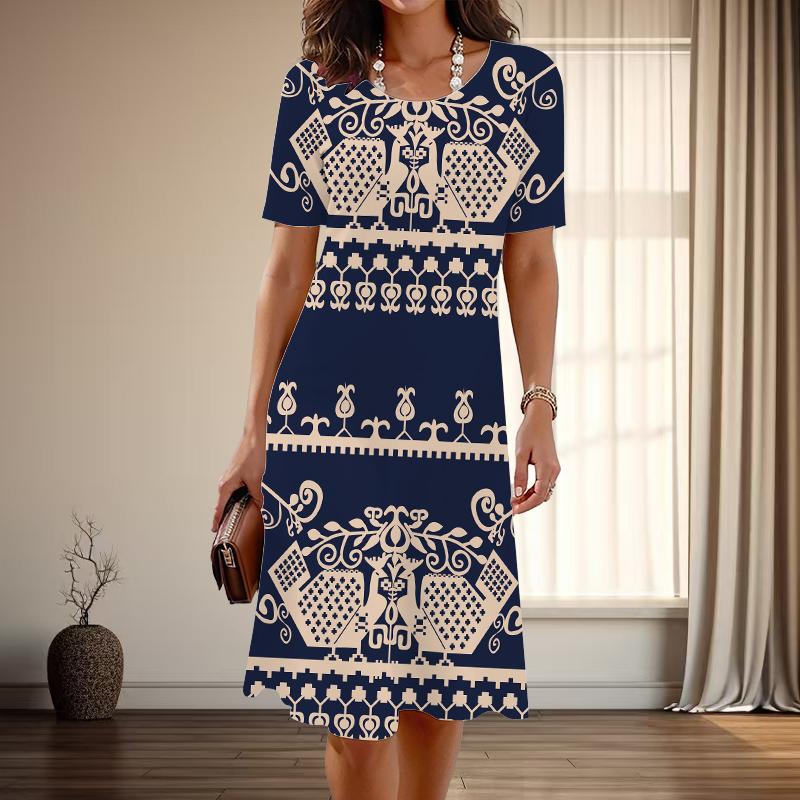 

Женская мода изящный ретро узор принт лето весна короткий рукав О-образный вырез повседневные платья 8XL темно-синий