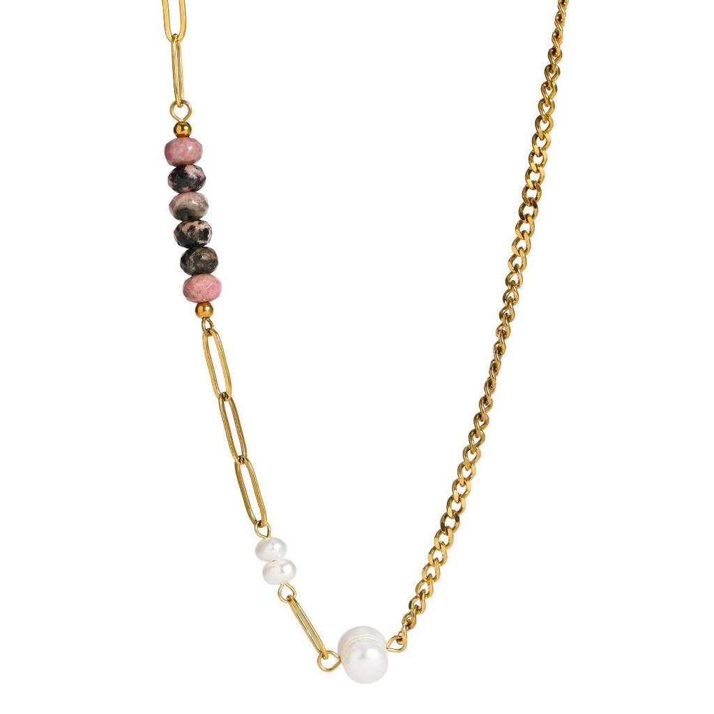 European-American Fashion Natural Stone & Freshwater Pearl Gold-Plated Stainless Steel Necklace