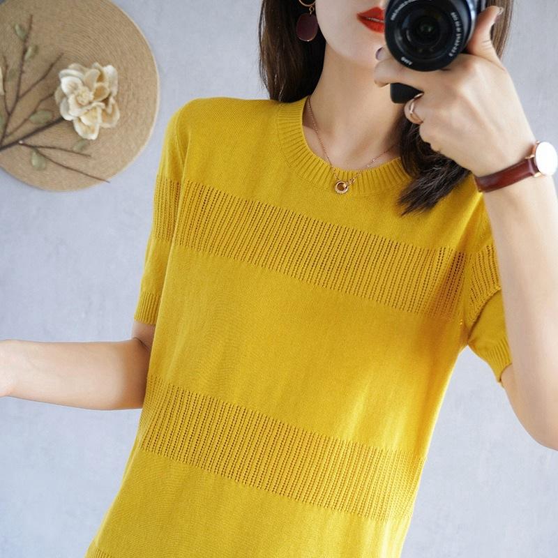 Round Neck Cotton Thread Short-sleeved Knitted T-shirt for Women's Summer Pullover Half-sleeved Loose and Versatile Fashionable Vest Top