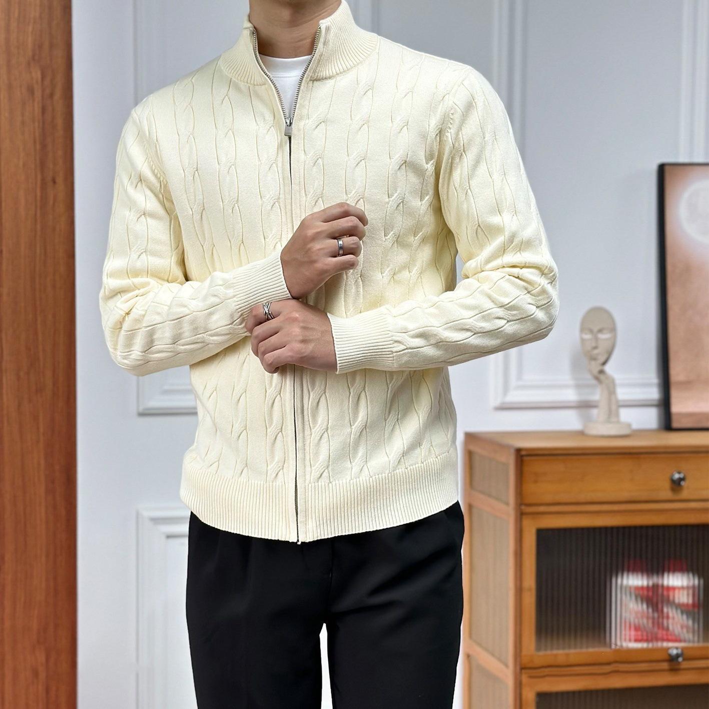 

British Old Money Style Cable Knit Jacquard Cardigan - Men s Slim Fit, Stand Collar, Lightly Mature Sweater for Autumn/Winter. 3XL