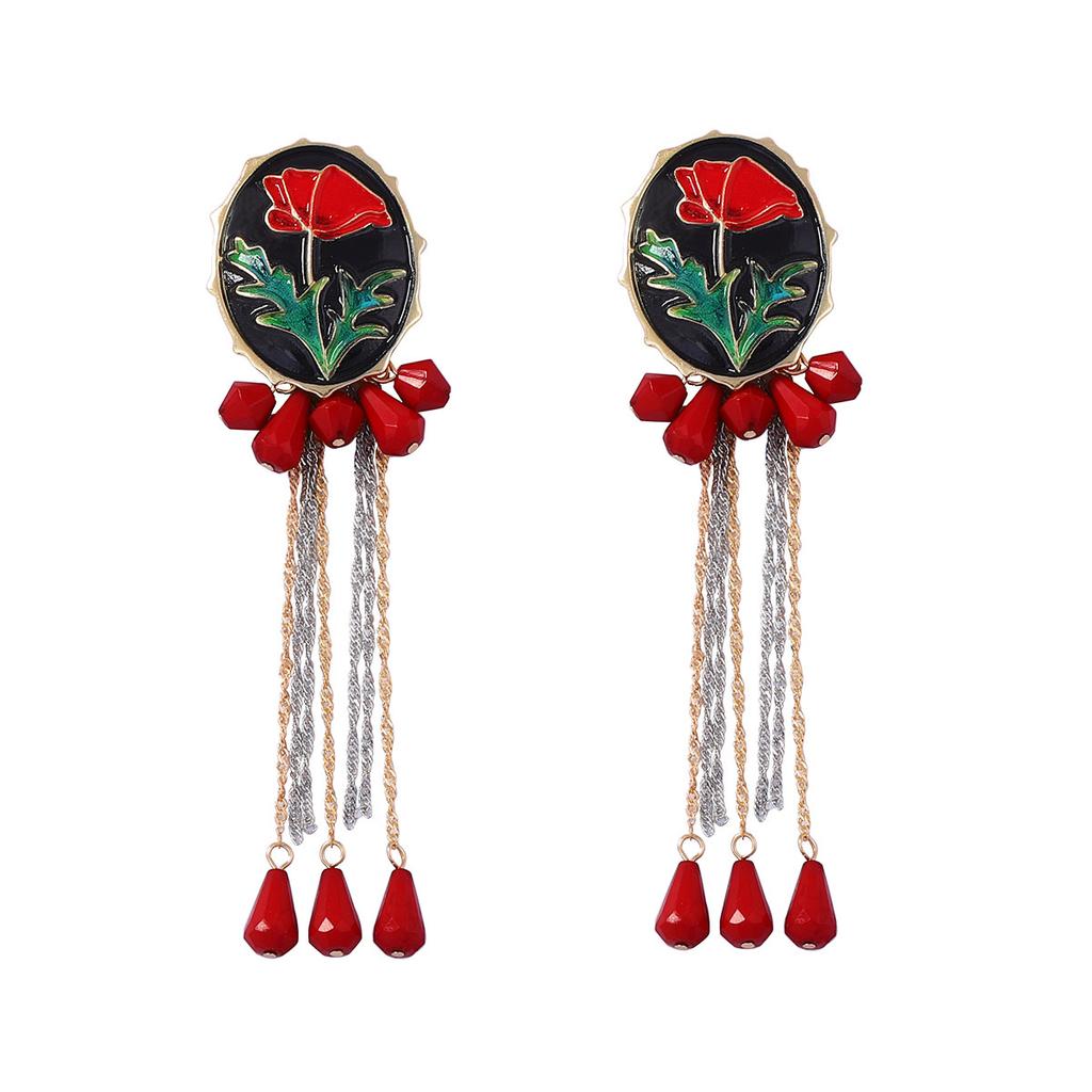 Literary retro exquisite creative design sense alloy dripping oil flower fringe geometric water drop pendant earrings