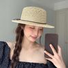 With Bow Straw Boater Hat Breathable Mesh Flat Top Beach Hat Handwoven Sun Cap Beach Vacation