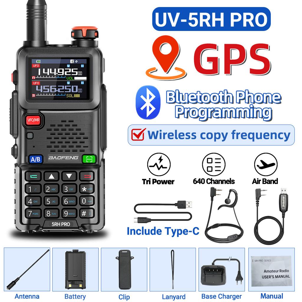 Baofeng UV-5RH PRO GPS Walkie Talkie Bluetooth Programming 10W Multi Band AM/FM Long Range Two Way Radio Cruise Travel