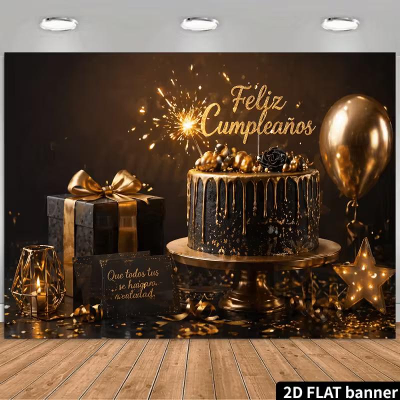 

2D Spanish Happy Birthday Backdrop, Black Gold Cake & Gift Photography Background 47.2x31.5inch/120*80cm