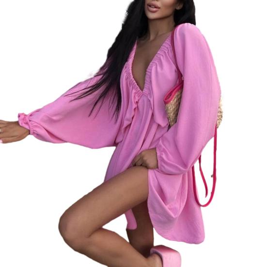 

Весенне-осеннее мини-платье с v-образным вырезом, свободное шикарное мини-платье с эластичной резинкой на талии, весенне-осеннее мини-платье, женская одежда XL розовый