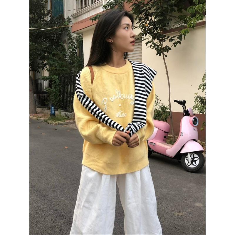 Yellow Letter Women's Sweater Jacquard Round Neck Female Pullover Sweaters Loose Woman Trendy Knitted Autumn Top