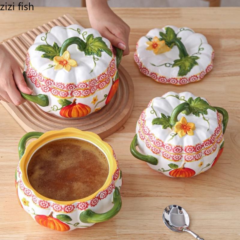 Double Ear Ceramic Bowl with Lid Pumpkin Soup Bowls Pig Oil Tank Storage Tank Stew Pot Dining Plate Dessert Bowl Noodle Bowls