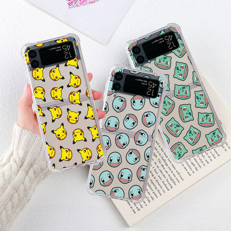 

Clear Case For Samsung Galaxy Z Flip 3 4 5G Airbag Shockproof Bumper Phone Cover ZFlip3 ZFlip4 Luxury Shell Pokemon Cute Face