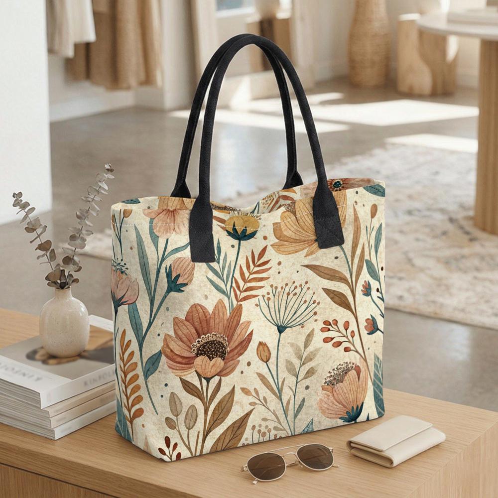  Boho Floral Canvas Tote Bag Casual Large Capacity Daily Shoulder Handbag