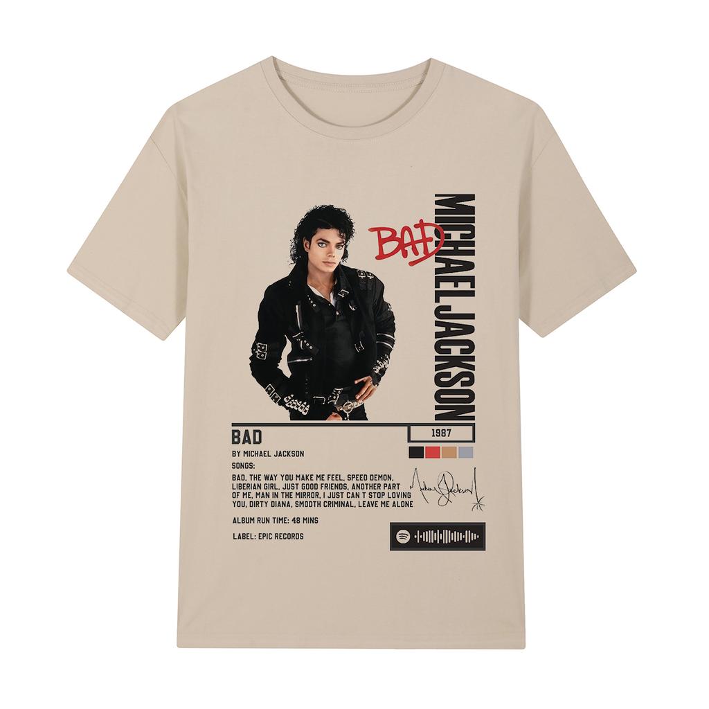 Singer Michael Jackson Bad Album Vintage Tshirt Unisex and Women Summer Clothing Breathable Fashion Round Neck Short Sleeved Top