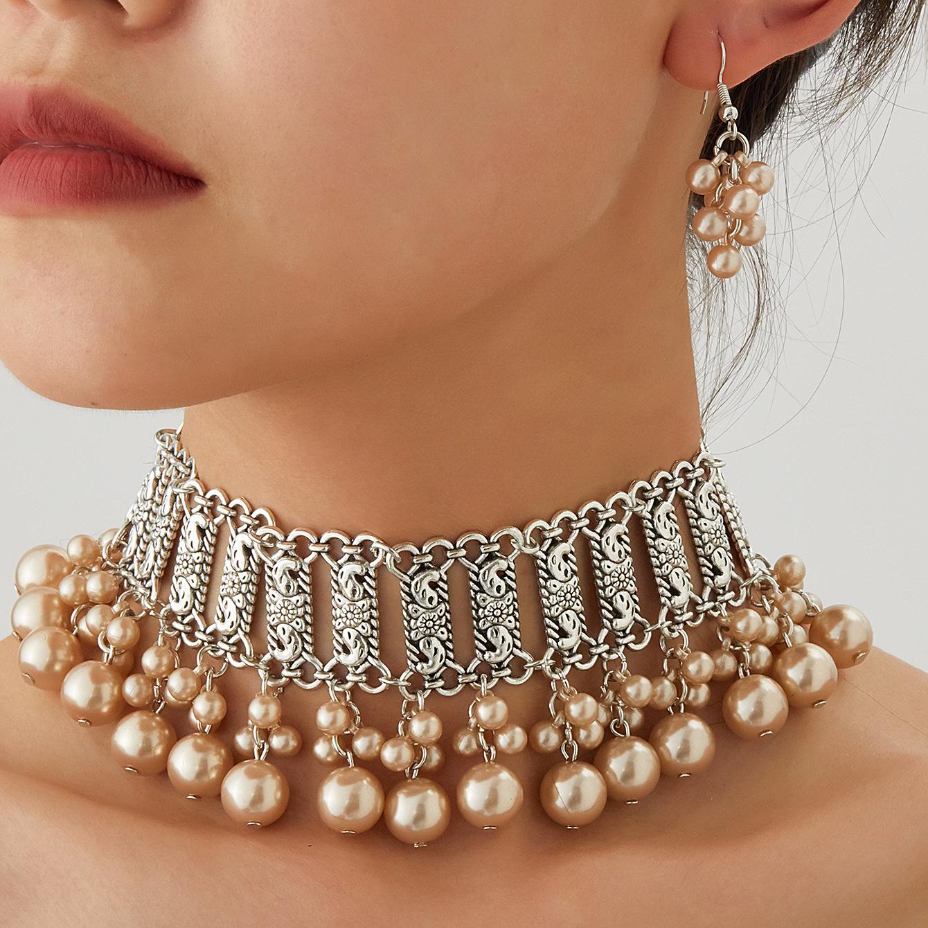 Bohemian Retro Necklace & Earrings Set with Southeast Asian Ethnic Style Pearl Bead Strand жёлтый/имбирный