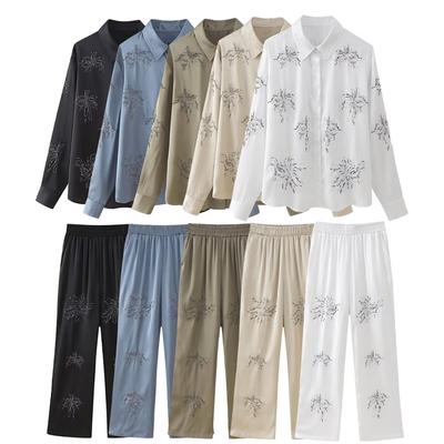 Produto Primavera Verão Estilo Feminino Gola Virada com Camisa Bordada com Miçangas Calças de Perna Reta Cintura Alta