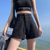 Women's High-Waist A-Line Denim Shorts - Summer Thin Style, Double Button, Loose Fit, Rolled Hem, Versatile & Slimming.