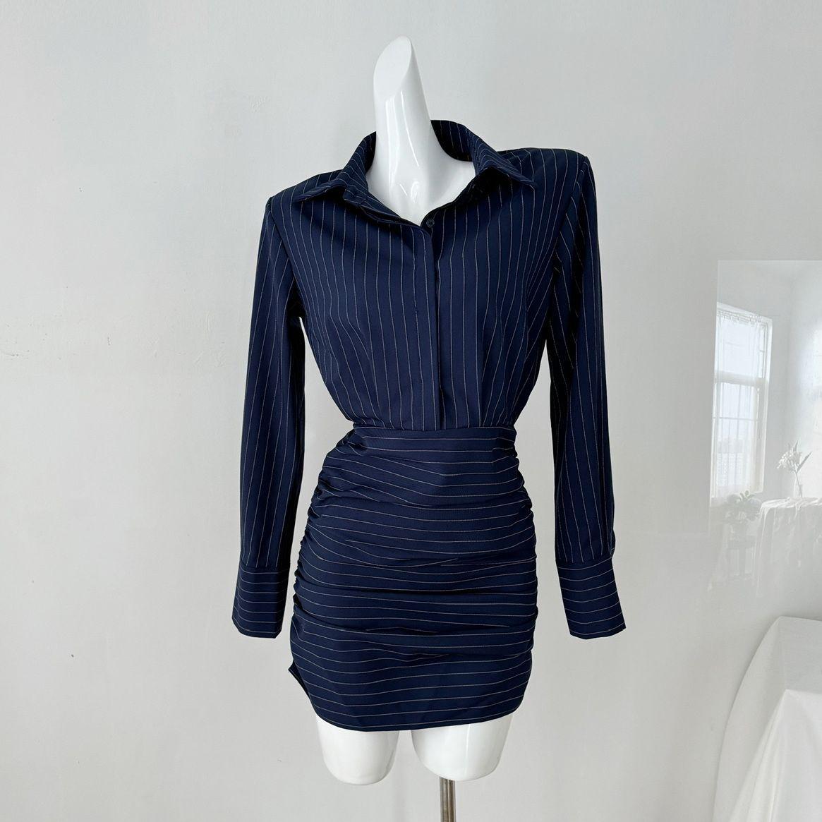 

Women s Autumn French Stripe Retro Slimming Shirt Dress M темно-синий