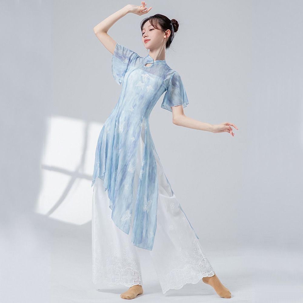 Cheongsam Neck Classical Dance Top Split Hem Dance Mesh Top Fashion Hanfu Blouse Women