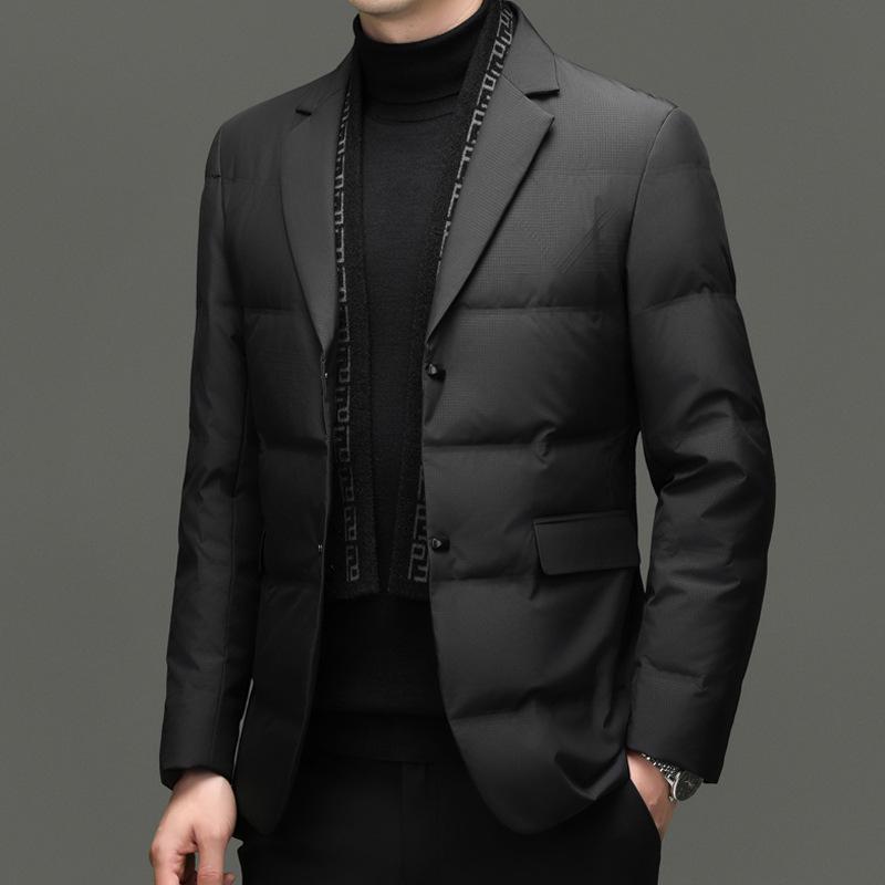 Men's Winter Suit-Style White Duck Down Jacket with Detachable Scarf, 90% Down Filled for Cold Protection and Warmth.