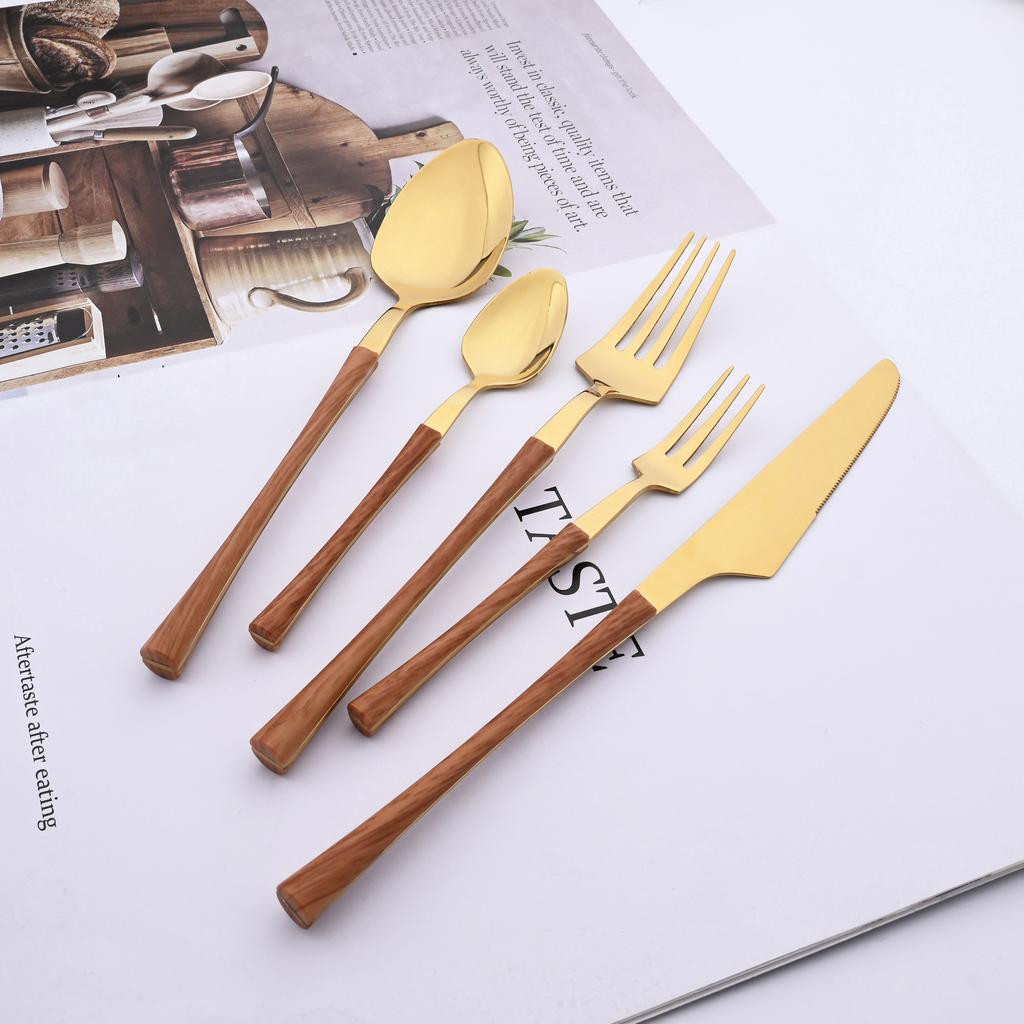 Tableware Dinnerware Set Stainless Steel Knives Forks Spoons with Wood Grain Effect Handle Kitchen Cutlery Flatware Dinner Set
