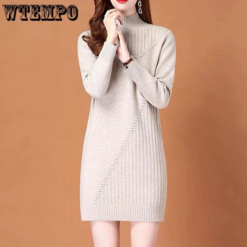 Half Turtleneck Knitted Dress for Women In Autumn and Winter Solid-color Long-sleeved Pullover Mid-length Casual Solid-color Sweater