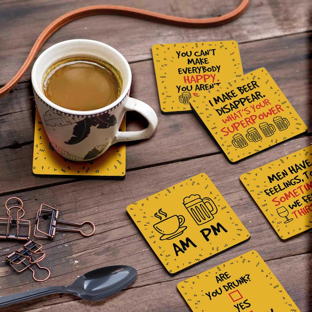 Inkdotpot Set of 6 Drink Coasters Easy Clean 4 inch Square  Coasters  Cork Base-  Reusable- Funny Bachelor