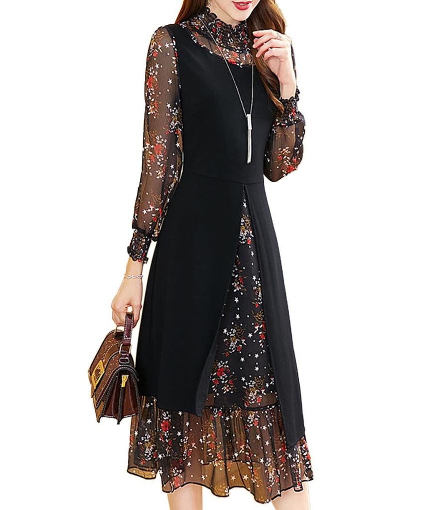 CHUMO Chiffon Midi Dress with Long Floral Plus and Beautiful Outfit for and Women's Sleeves, Print, A-Line, Sizes, Retro, Stylish, Slimming, Elegant,