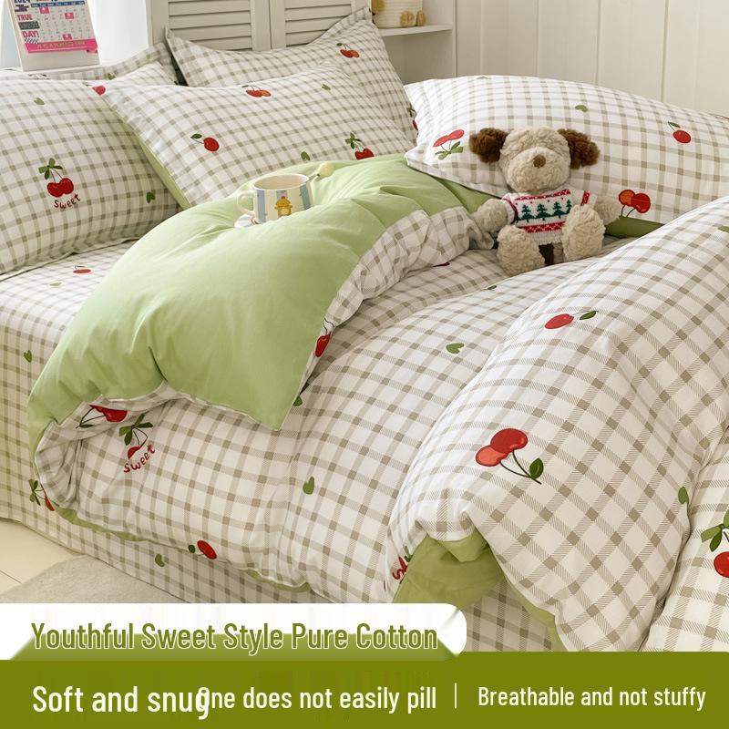 12868 All-Cotton Fresh Twill Print Dorm 4-Piece Set, 100% Pure Cotton, Student 3-Piece Option 1.2m Bed 3-Piece 160x210 Duvet Cover