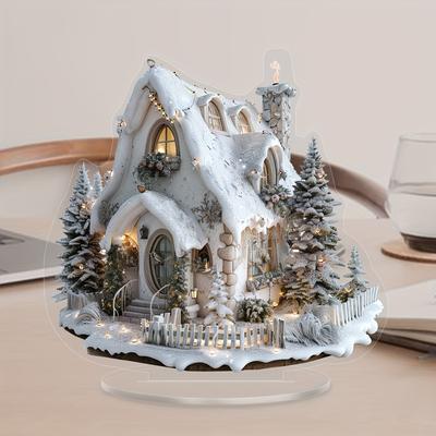 2D White Snow Scenery Christmas House Tree Acrylic Ornaments Base-Mounted Tabletop Home Office Attractive Festival Decor Gifts