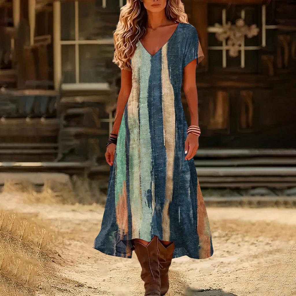 Fashionable Women's Summer V-neck Short Sleeved Retro Floral Print Beach Dress