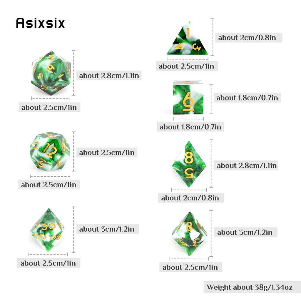 7 Stück weiß-grünes Kunstharz, goldene Zahlen, scharfkantige Würfel, polyedrische Würfel, geeignet für Rollenspiele, RPG-Brettspiele