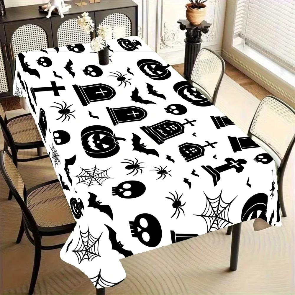 1Pc Halloween Style Tablecloth Black And White Skull Spider Web Bat Print Table Cover For Party Home Decoration Recta
