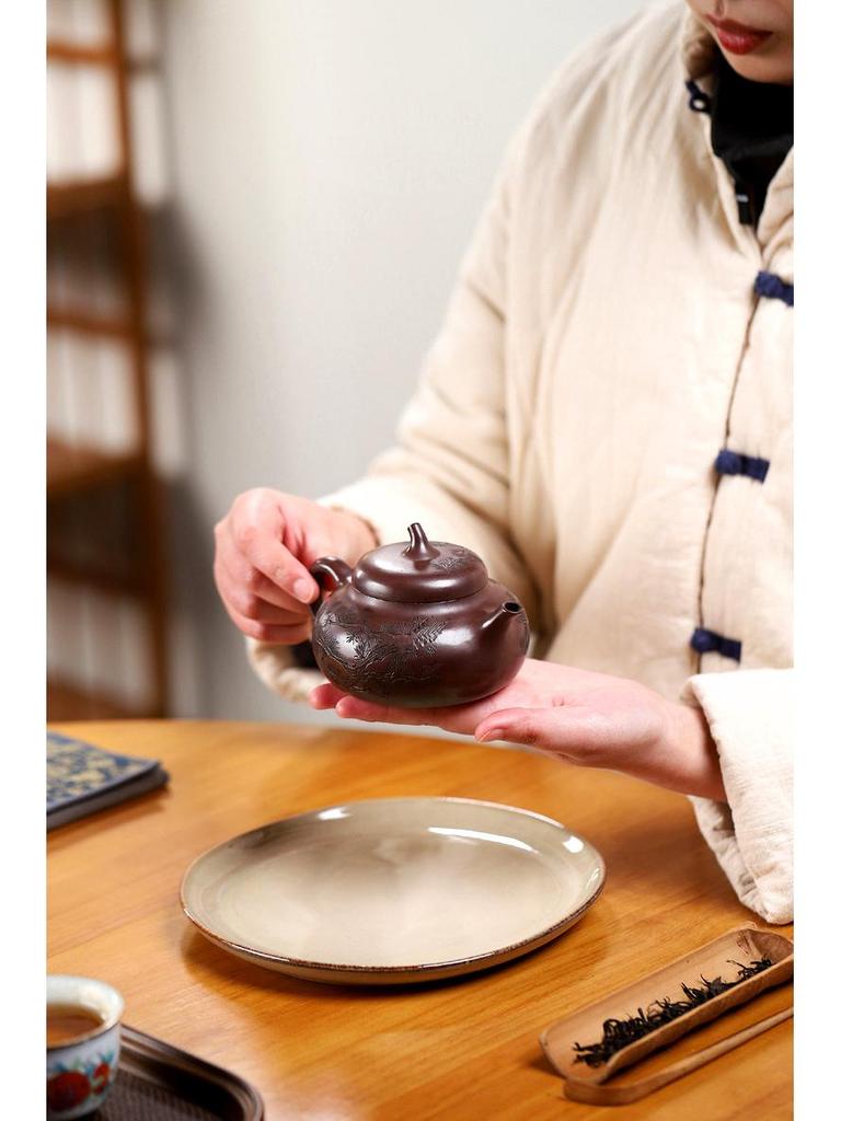 Cipher Yixing Original Ore Purple Clay Zisha Eggplant Gourd Teapot - Handmade Carved Gongfu Tea Set