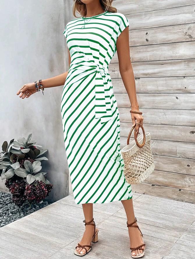 2025 Elegant Striped Short Sleeve Round Neck Waist Tie Summer Dress for Women