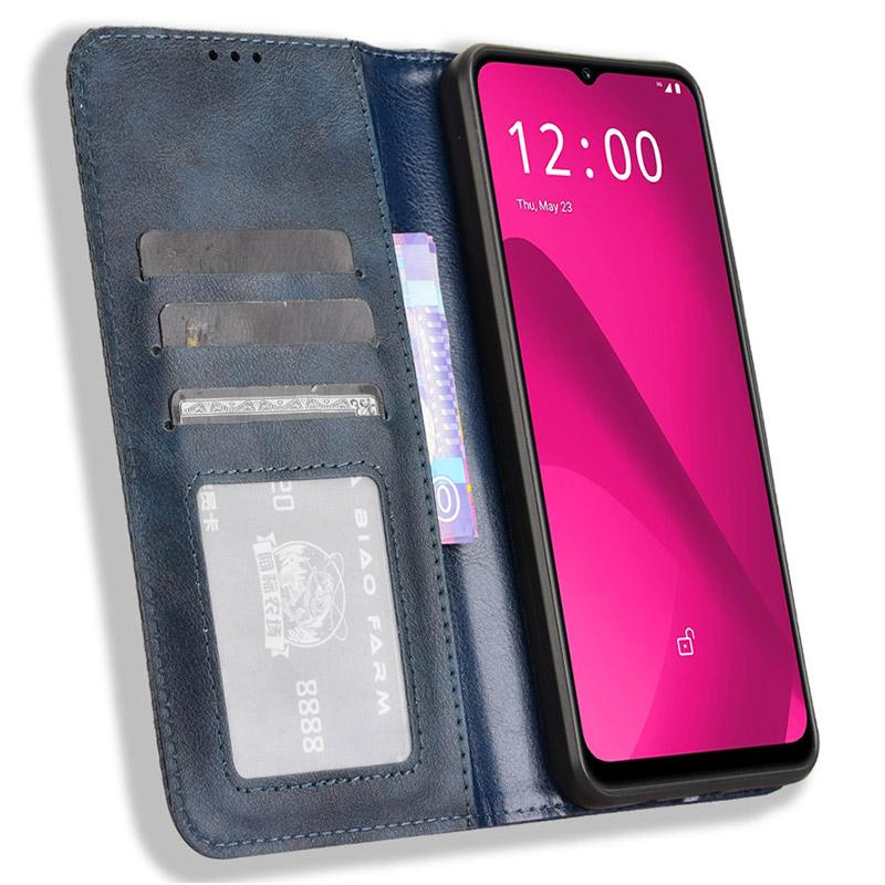 

For T-Mobile REVVL 7/T Phone 2 Case Magnetic Closing Retro Leather Phone Cover Blue
